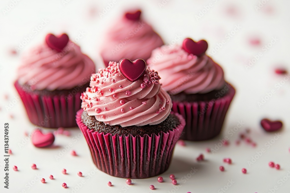 Charming chocolate cupcakes display rich pink frosting topped with heart-shaped decorations and colorful sprinkles. Perfect for celebrations like Valentines Day or romantic events.