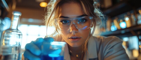 Poster - Scientist examining a blue liquid in a laboratory