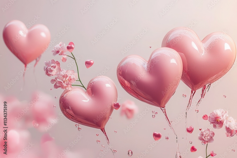 Heart-shaped balloons in various shades of pink ascend against a soft background adorned with flowers. This visually appealing arrangement creates a charming atmosphere for love-themed events.