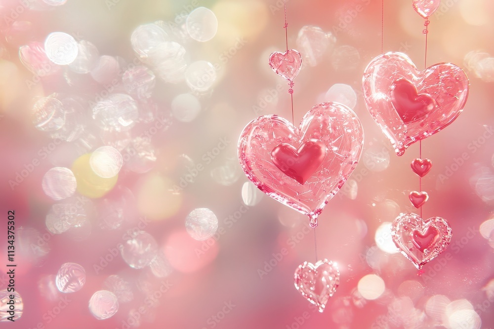 Delicate pink heart decorations dangle against a soft, blurred background filled with bokeh lights, evoking a sense of love and celebration. Perfect for romantic occasions or decor.