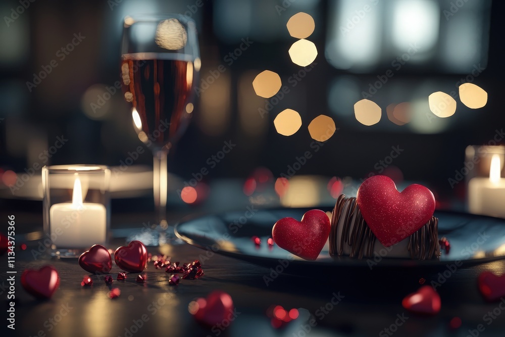 A beautifully arranged dessert table features a chocolate cake topped with red heart decorations, accompanied by a candle and a glass of sparkling beverage.