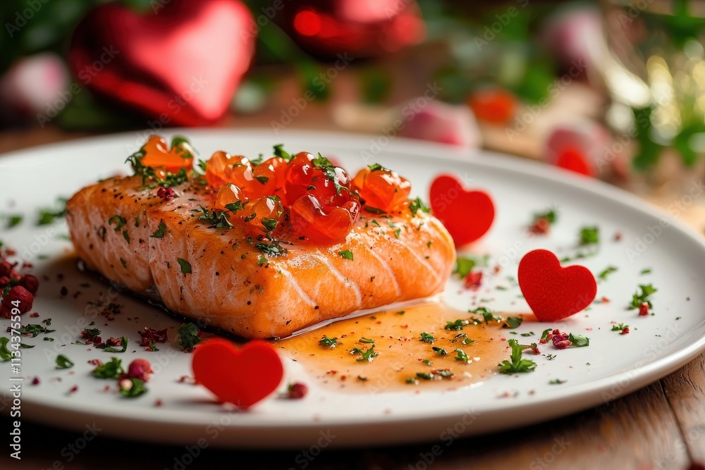 A beautifully plated salmon fillet topped with bright orange roe, surrounded by parsley and decorative red hearts. Perfect for a romantic dinner setting with festive decor.