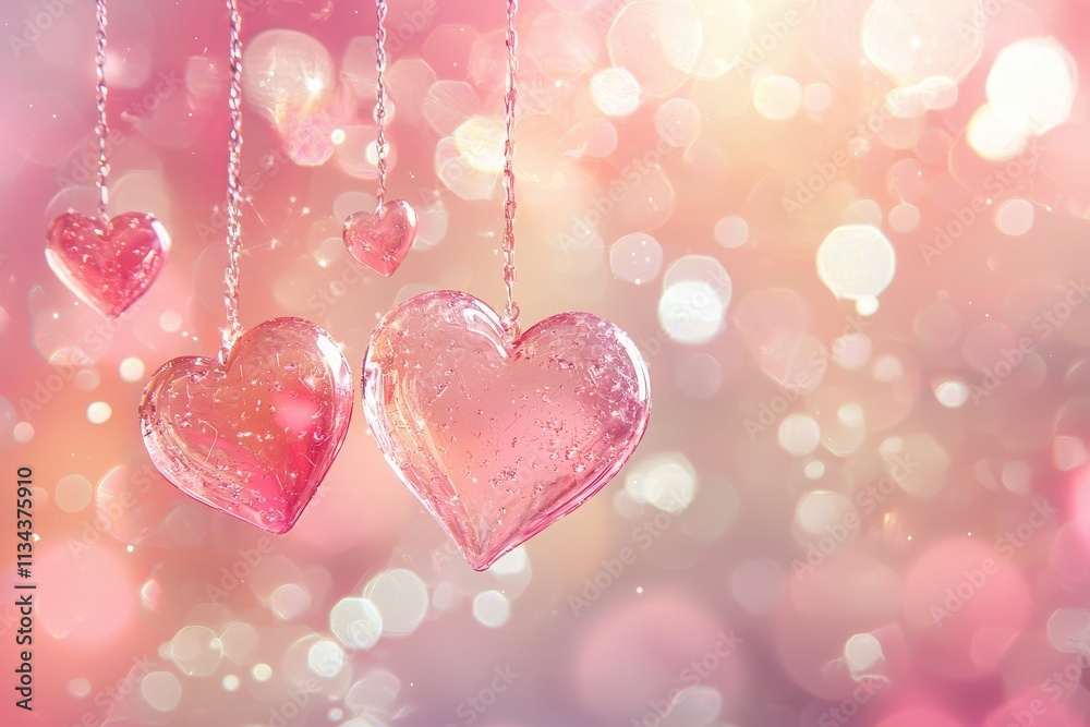 Delicate glass hearts dangle gracefully against a dreamy pink bokeh backdrop, creating a romantic atmosphere perfect for celebrations and special moments.