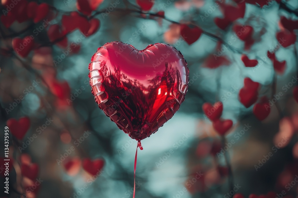 A vibrant red heart-shaped balloon suspended in the air, surrounded by smaller heart-shaped decorations. The background is softly blurred, creating a romantic and dreamy atmosphere.