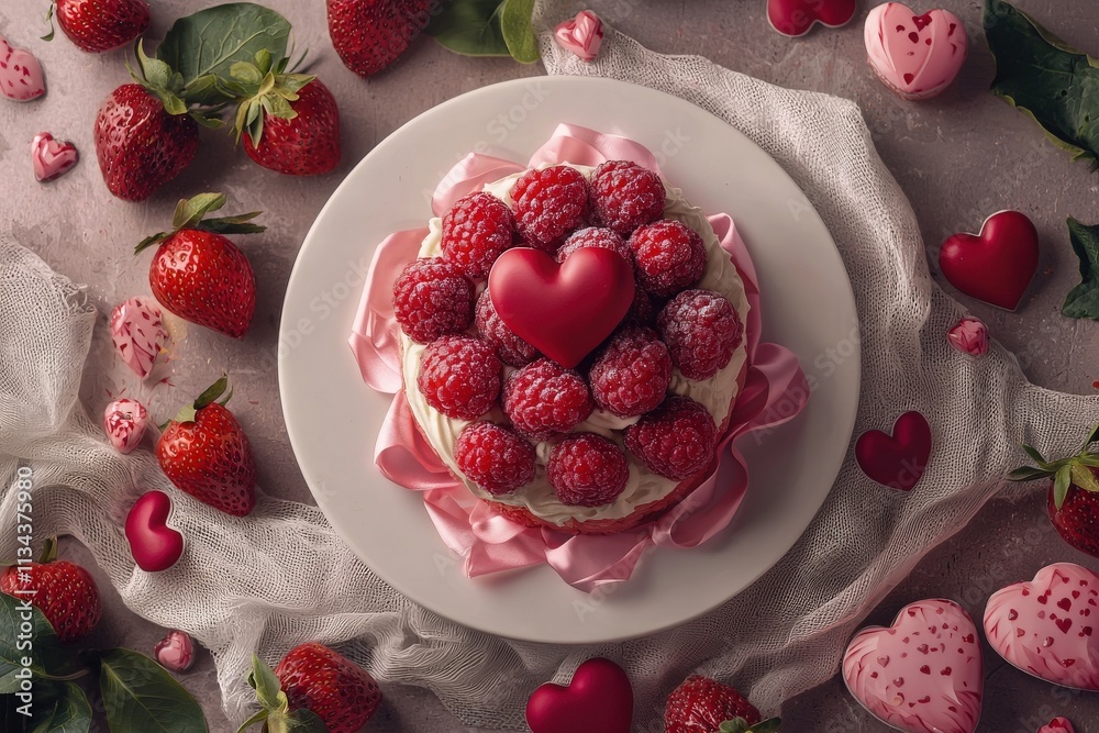 A beautifully arranged dessert sits on a white plate, topped with fresh strawberries and raspberries, adorned with a heart-shaped decoration.