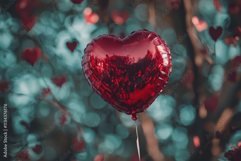 A shiny red heart-shaped balloon sways gently, surrounded by smaller hanging heart decorations in a serene outdoor location. The soft focus creates a dreamy atmosphere.