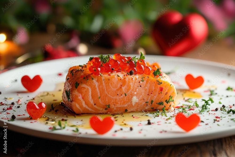 A beautifully plated salmon fillet garnished with bright herbs and red caviar sits on a white plate. Heart-shaped accents add a festive touch, perfect for a romantic meal.