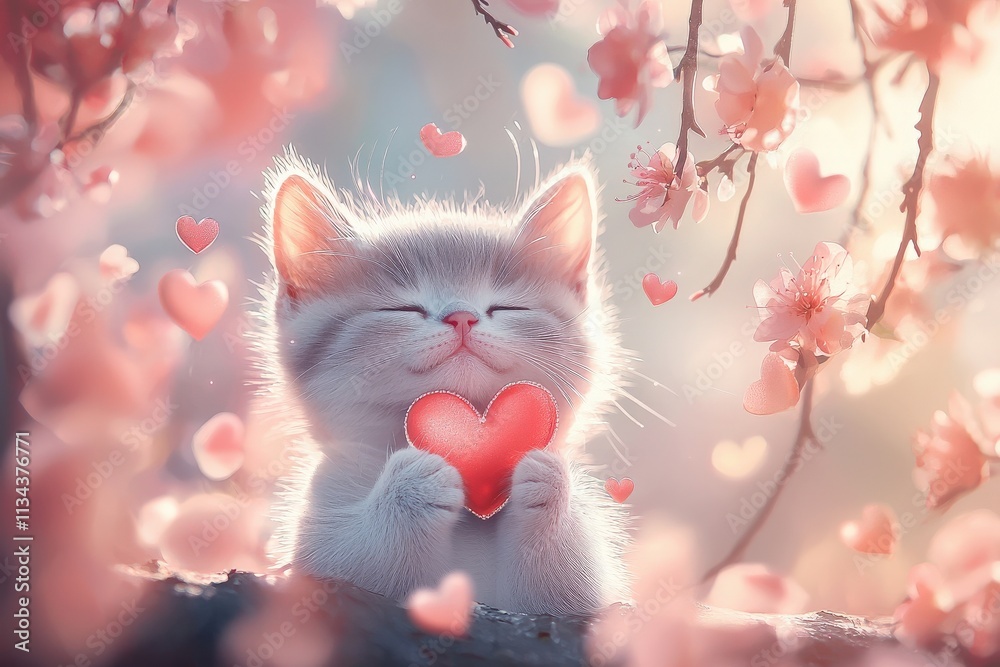 A fluffy kitten joyfully holds a red heart while surrounded by delicate pink blossoms. The warm, soft lighting creates a dreamy spring ambiance, enhancing the playful scene.