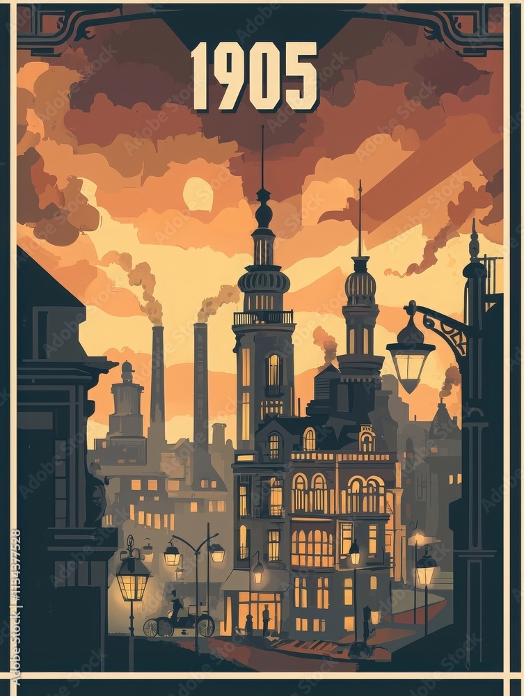 An intricate urban design showcases tall buildings with ornate spires, glowing lights, and smokestacks.