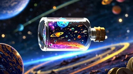 Wall Mural - Video footage of glass bottle contains a miniature, colorful universe with planets, stars, and galaxies, floating in space