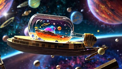 Wall Mural - Video footage of spaceship carries a glass bottle containing a miniature alien landscape with planets, stars, and a purple tree, floating in a vibrant, colorful space scene