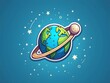 © Niphon - Flat astronomical planet Earth design sticker, cartoon round celestial object with satelite Moon patch, comic space sphere illustration label on blue cosmic background for astronomy science
