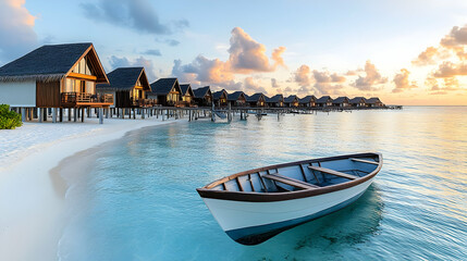 Sticker - Tranquil sunset over water villas and rowboat.