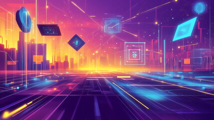 Fototapete - Futuristic digital landscape showcasing artificial intelligence concepts with vibrant colors and floating data elements