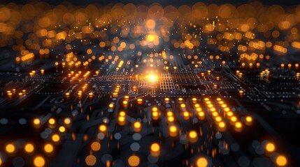 Poster - A digital circuit board illuminated with glowing orange lights, symbolizing technology and innovation.