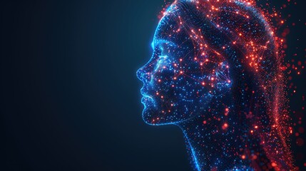 Poster - A digital representation of a woman's profile, illuminated with vibrant particles and lights.