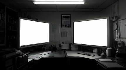 Poster - Two blank screens on a desk in a dimly lit office.