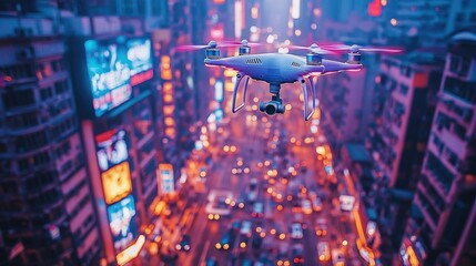 Poster - Drone hovering above a vibrant cityscape at night