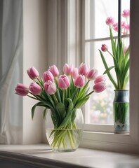 Wall Mural - Pink and white tulips in a vase on a windowsill, natural, tulips, decorative