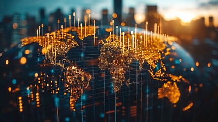 Poster - glowing digital globe depicting global business trends and market indicators