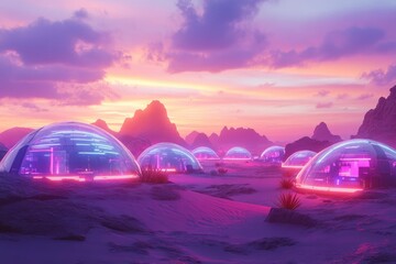 Wall Mural - A desert-inspired futuristic landscape with sandy hues, futuristic domed buildings, glowing neon accents, and vast empty horizons under a dramatic sky.