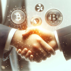 Wall Mural - 3D Soft focus handshake with digital currency overlay concept as Close up of two businesspeople shaking hands slightly out of focus. Digital currency symbols float between them. Camera gently zooms ou