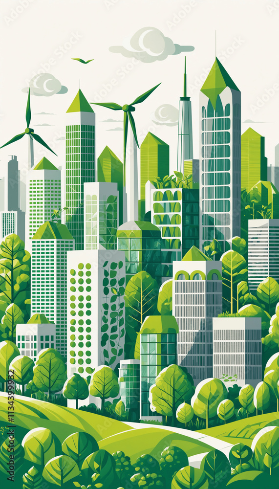 Wind turbine on a green building generating electricity as a symbol of ...