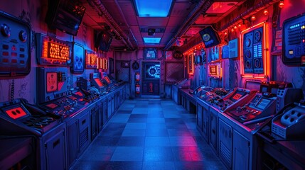 Poster - A futuristic control room illuminated with vibrant blue and red lights.