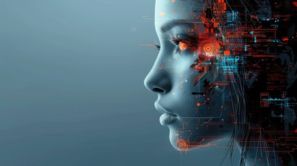 Poster - A futuristic profile of a woman blended with digital circuitry and glowing elements.