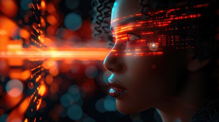 Poster - A futuristic profile of a woman with digital elements and glowing patterns around her face.