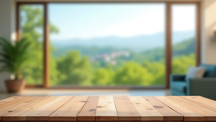 Poster - Wooden table sits empty in front of a blurred large window showing an expansive outdoor landscape view._00002_