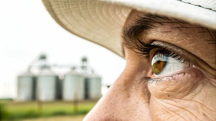 Wall Mural - Macro Close-Up of Farmer's Eye Reflecting Grain Storage Silos Symbolizing Food Security and Storage Importance