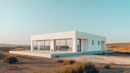 Wall Mural - A sleek, white concrete cube house with sharp lines and a flat roof, set against a barren landscape