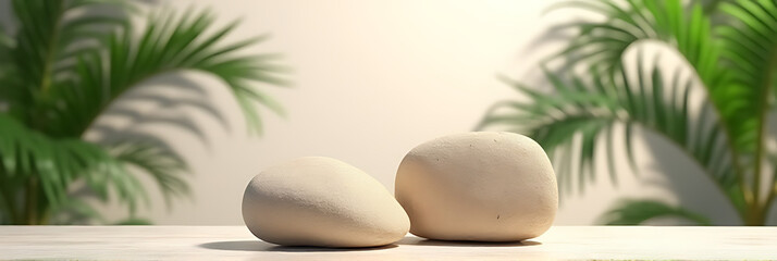 Aufkleber - Tropical design features a minimalist backdrop for displaying two pieces of sandstone on a selective focus product platform._00001_