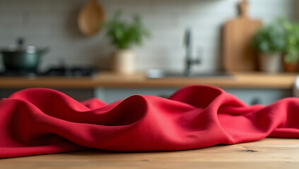 Poster - The red fabric is draped over a wooden table in a blurred kitchen background suitable for product display and design visuals._00001_
