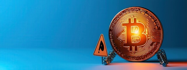 Poster - A glowing Bitcoin symbol inside a trap, with a warning sign nearby.