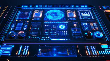 Futuristic Tech Control Panel: Immersive view of a sleek, high-tech control panel interface with glowing blue displays and intricate details. Perfect for sci-fi, technology, and innovation concepts.