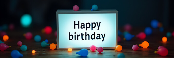 Poster - Happy birthday text is projected onto a light box surrounded by colorful elements against a dark cinematic backdrop._00002_