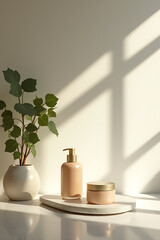 Poster - Elegance is achieved through a minimalist product display featuring a marble top, vine leaf, and morning light streaming through the window._00002_