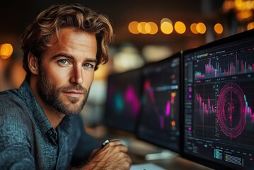 Poster - Young man analyzing data on multiple computer screens