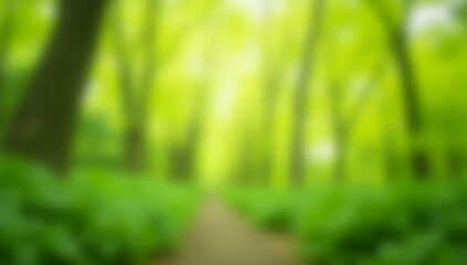 Poster - Bokeh effect with blurred trees creates a serene atmosphere in a lush spring or summer garden scene with vibrant green foliage._00002_