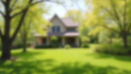 Poster - Bokeh effect created by blurred trees in a spring or summer garden setting with a house as the background._00001_