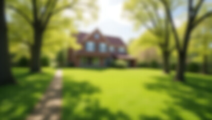 Poster - Bokeh effect created by blurred trees in a spring or summer garden setting with a house as the background._00002_