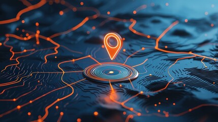 Poster - A glowing navigation icon hovering over a 3D topographic map.