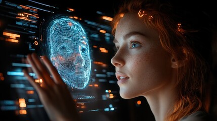 Poster - Woman interacts with a holographic human face display