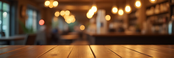 Aufkleber - A wooden table top with a counter bar features a blurred golden bokeh effect in a cozy cafe restaurant atmosphere._00001_