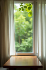 Poster - A wooden table sits atop a blur of curtains, its view obstructed by leaves from the nearby green garden trees._00001_