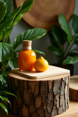 Poster - A wood tree stump is used as a unique product display and cutting board platform in a tropical design setting._00001_