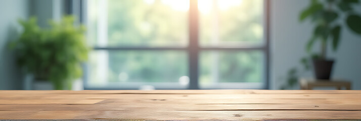 Poster - A wood table top appears against a blurry abstract pattern of streaked window glass in the background._00001_