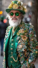 Wall Mural - A man dressed in vibrant green attire with decorations, celebrating a festive occasion.